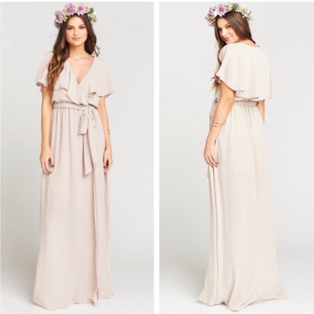 NWT Show Me Your Mumu Audrey Maxi Bridesmaid Dress Light Gray/Beige Floor Length